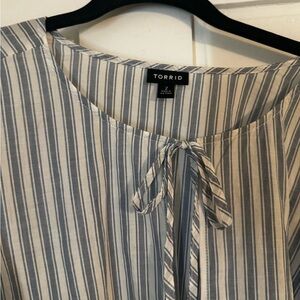 Torrid Blue and White Striped Tie Neck Top
